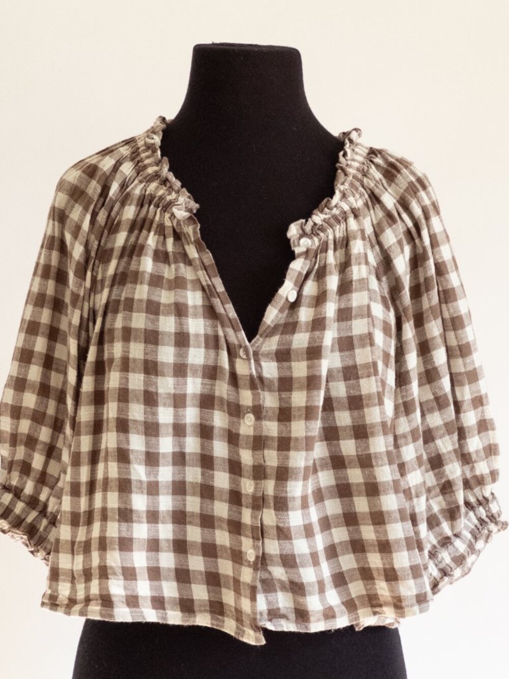 Apiece Apart Brown and Cream Gingham Casa 3/4 Sleeve Shirt - Linen & Cotton
